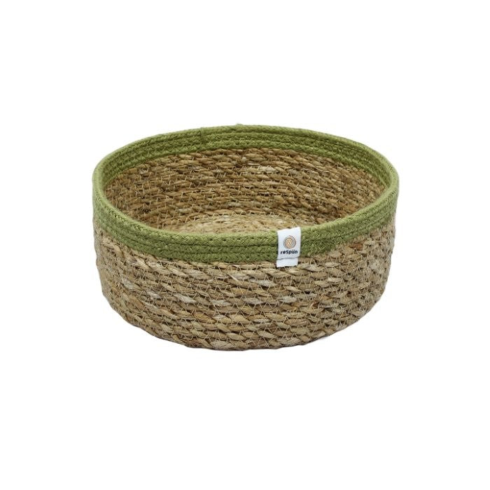 Seagrass & Jute Medium Shallow Basket – Natural/Green