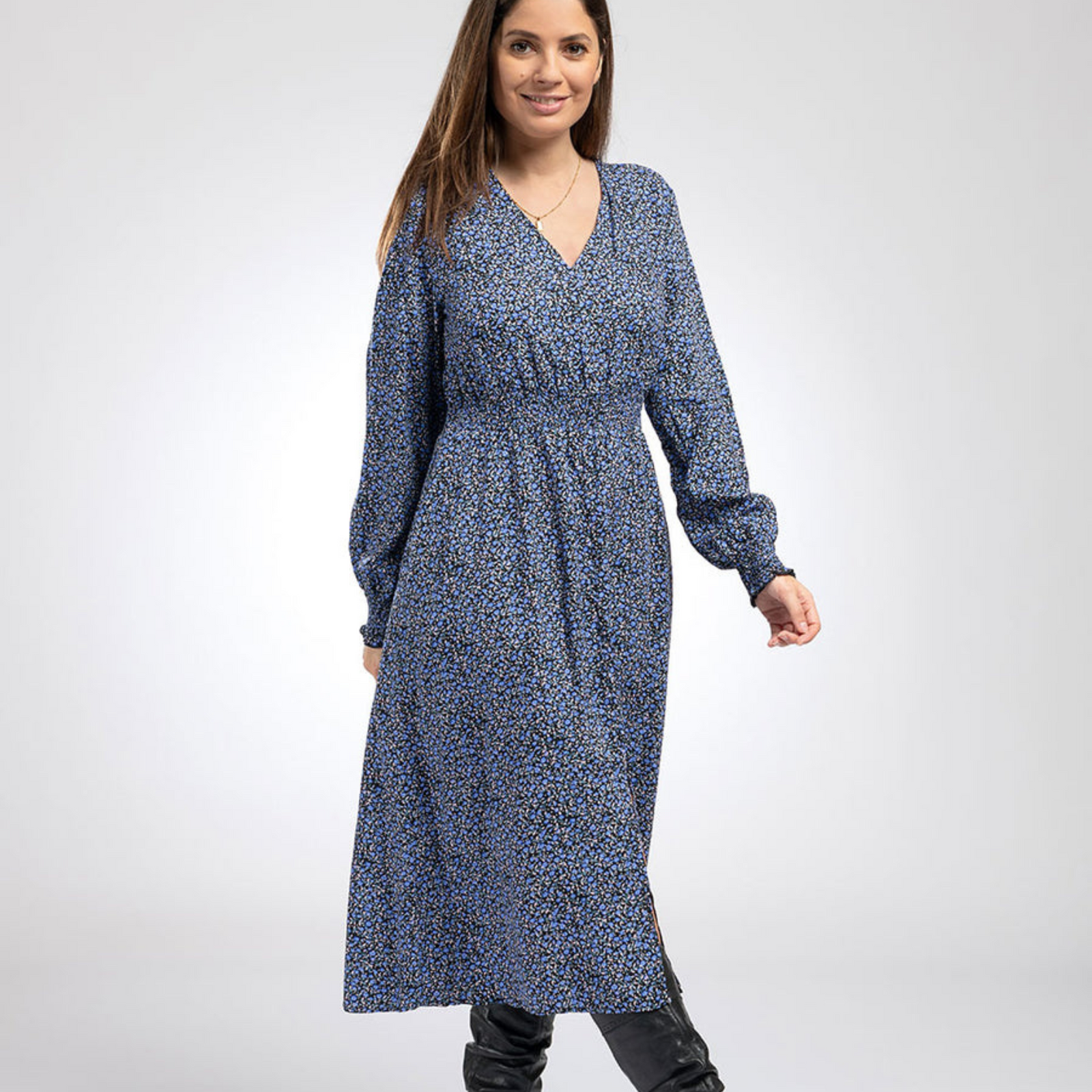 Shirred Waist Midi Dress in Indigo Flower - Eco Baby Box