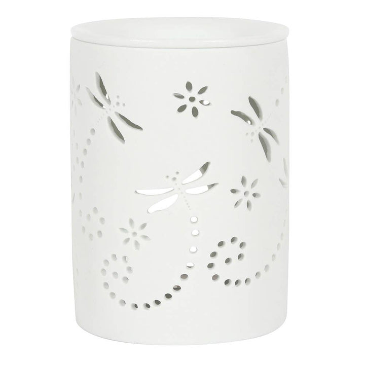 Oil burner ceramic dragonfly cutout with an unglazed finish. This item can also be used as a wax melt burner