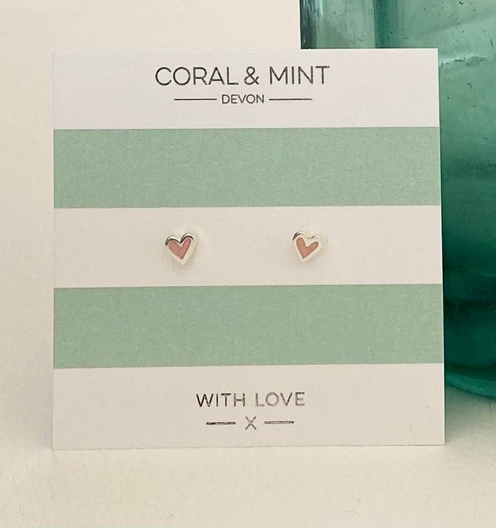 Coral & mint mini Heart Studs - Pink Sparkle Enamel