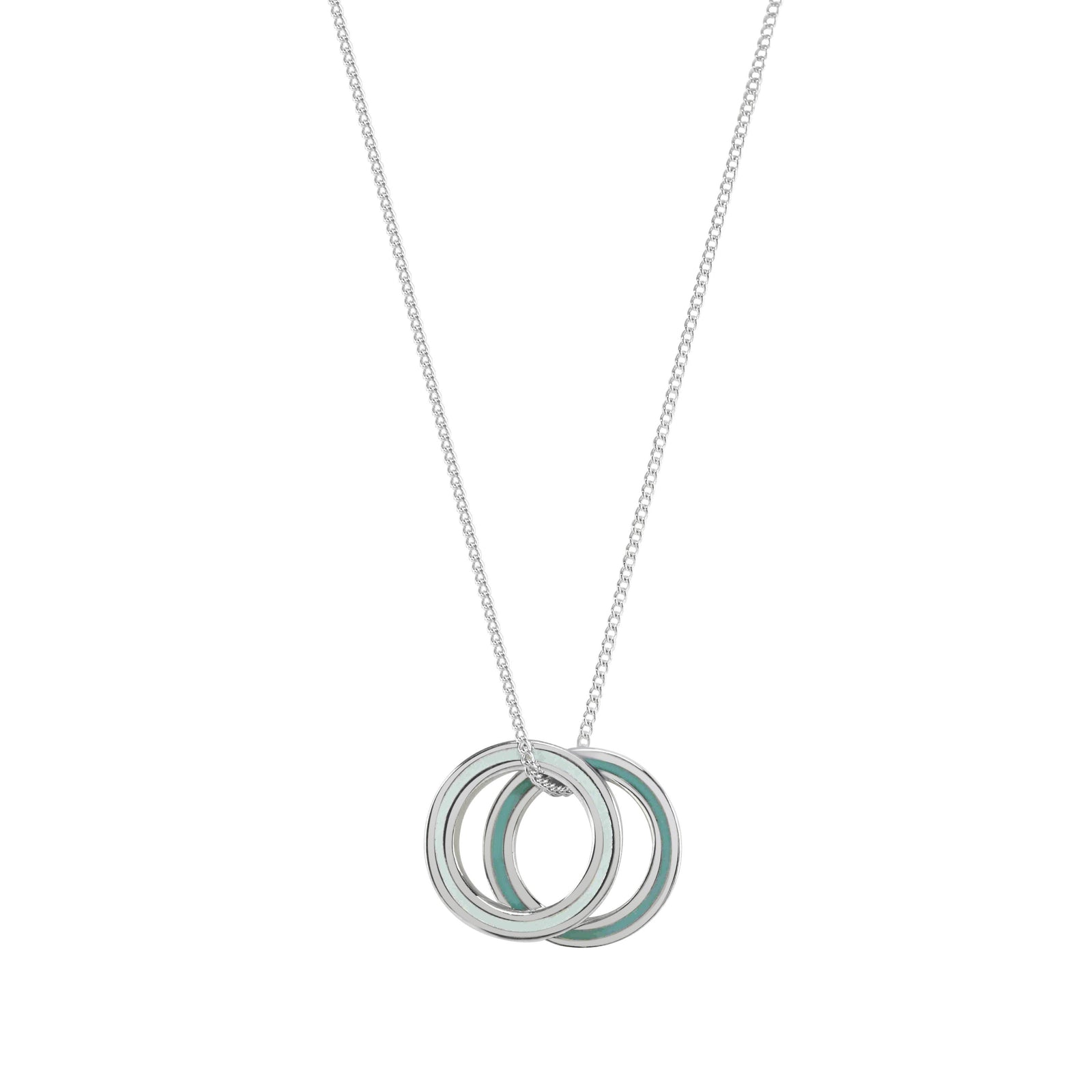 Necklace with two interlocking rings, one silver and one green, on a white background.