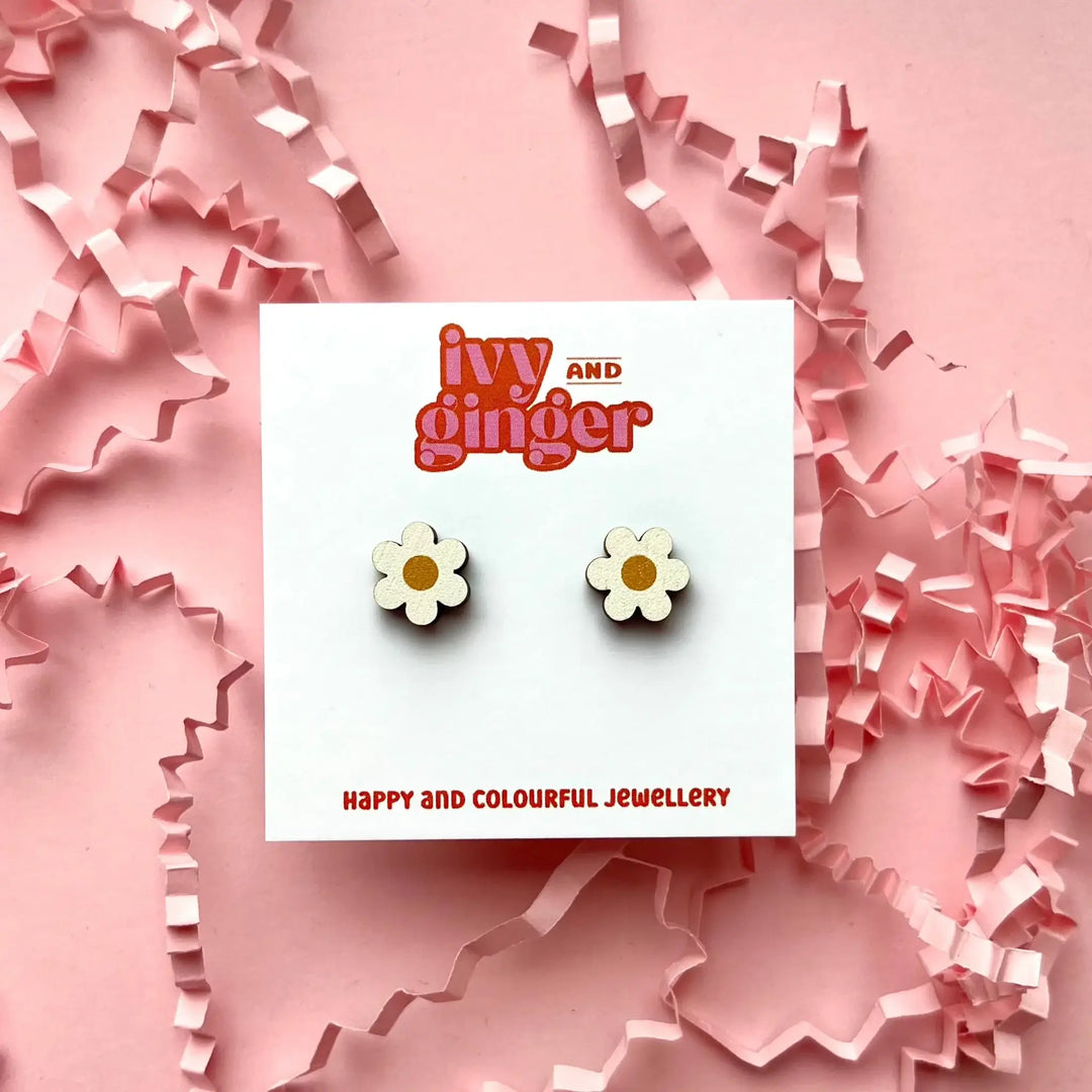 Ivy & Ginger white digital printed daisy studs