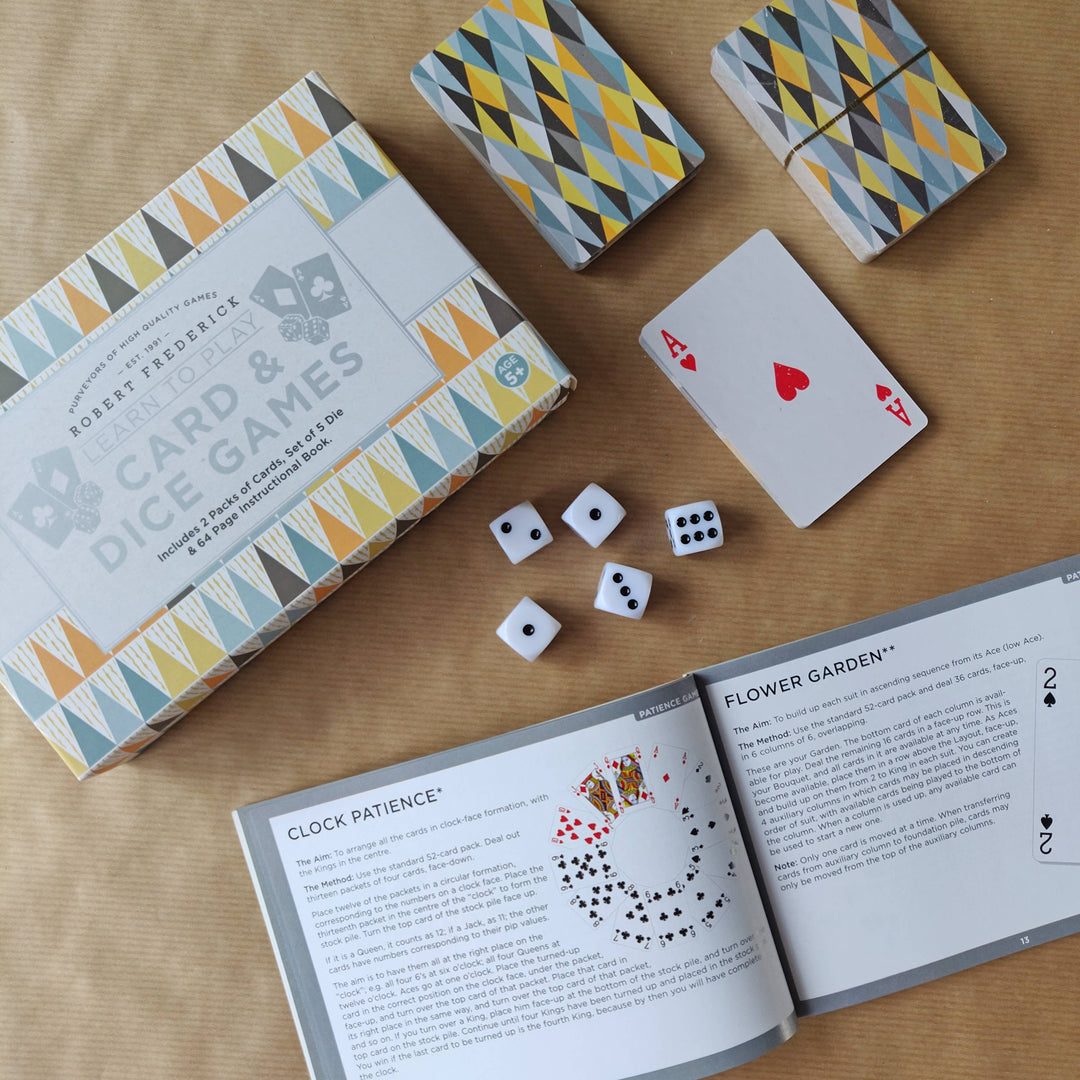 Learn to play card games with instructions  dice and two decks of cards.
