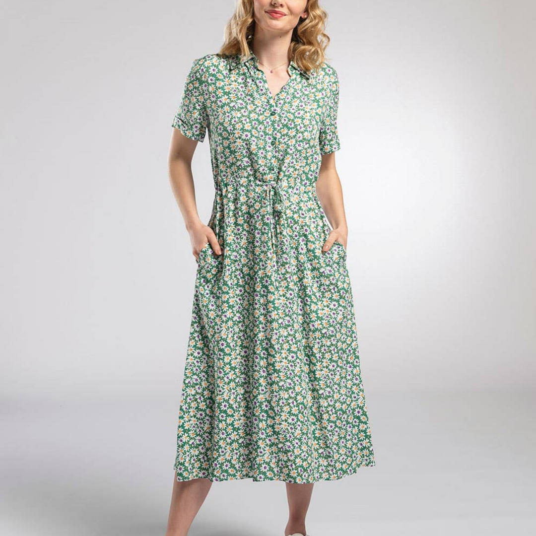 Midi Shirt Dress Green Daisy with pockets