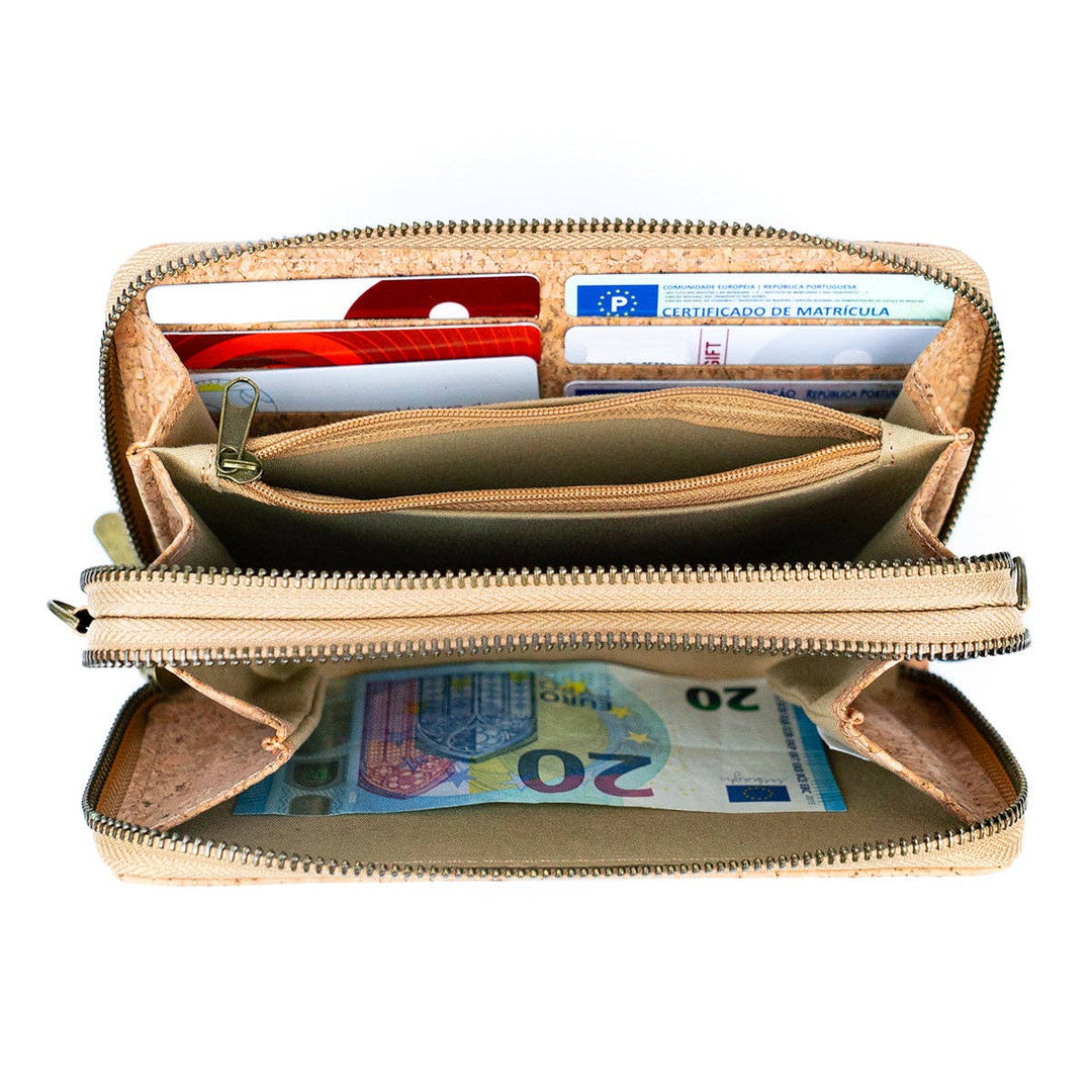 Womens Natural Cork Phone Purse with zipped pockets.