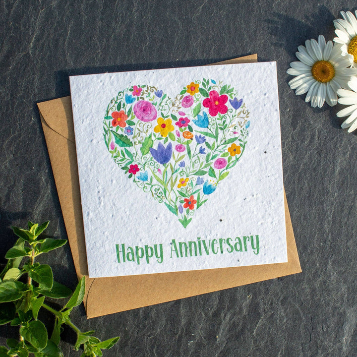 Plantable Happy anniversary card with heart of flowers that grows into wild flowers.