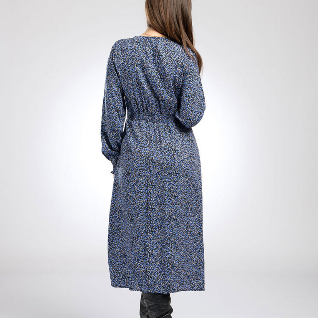 Shirred Waist Midi Dress in Indigo Flower - The Eco Boutique