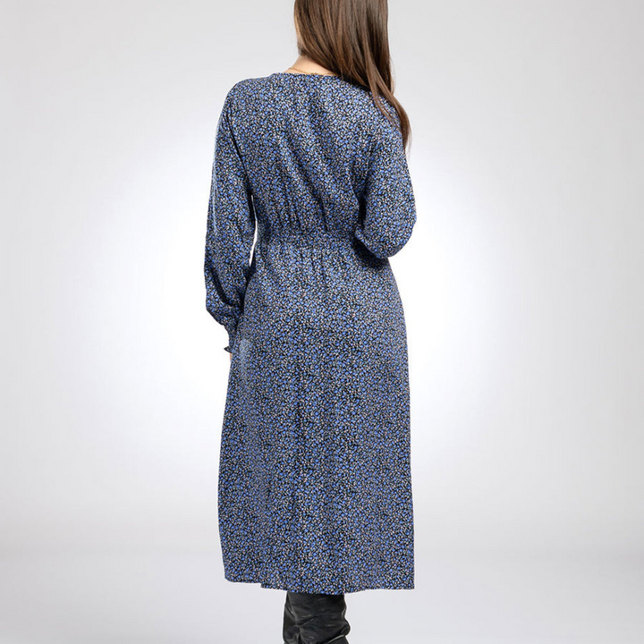 Shirred Waist Midi Dress in Indigo Flower - The Eco Boutique