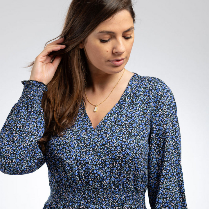 Shirred Waist Midi Dress in Indigo Flower - The Eco Boutique