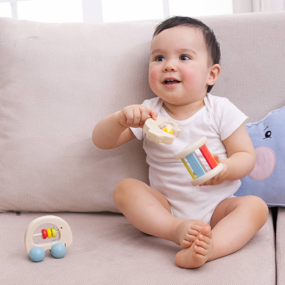 Wooden New Baby Rainbow Roller Rattle - Toys for 6 months old