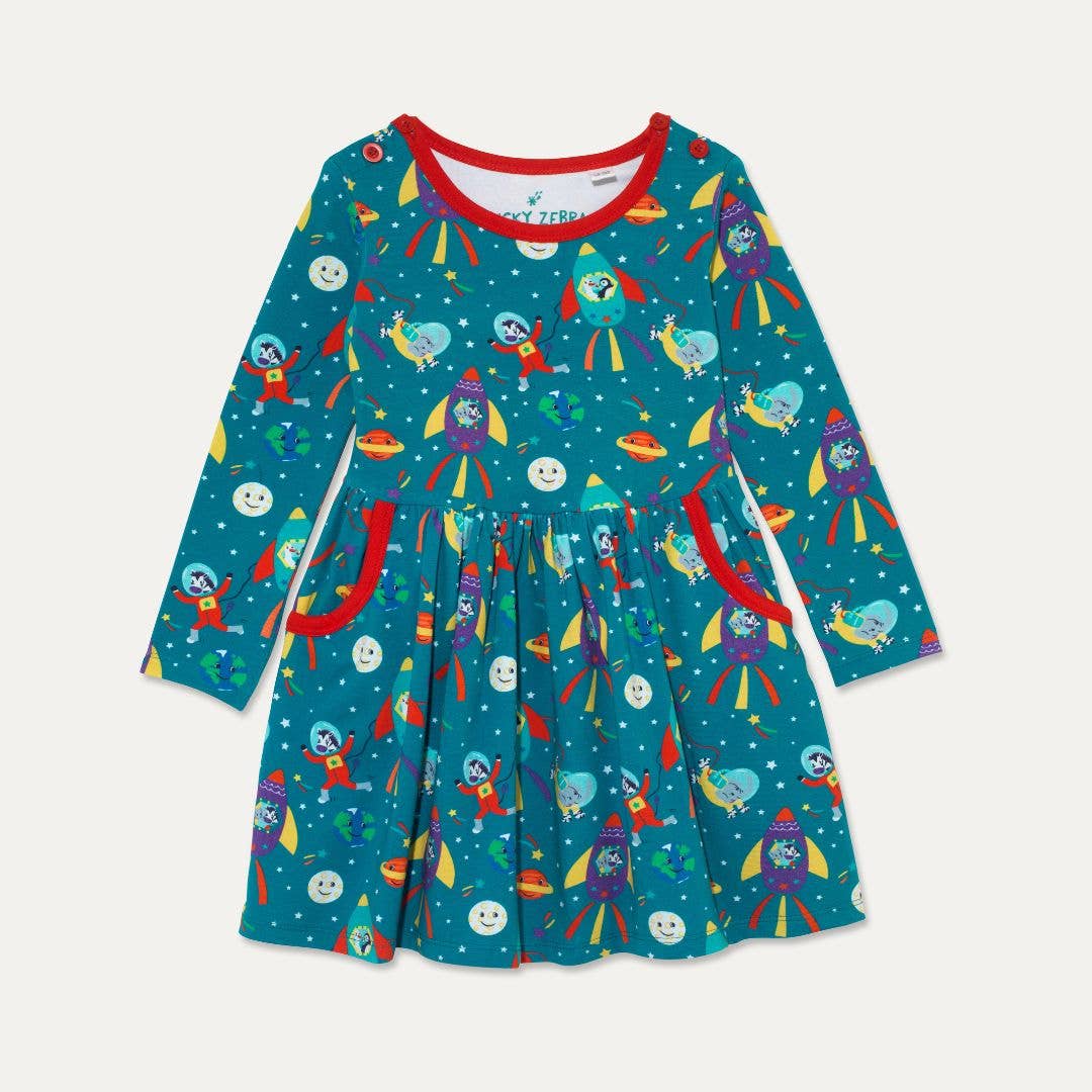 Organic Cotton Kids Skater Dress with Pockets and Space Print