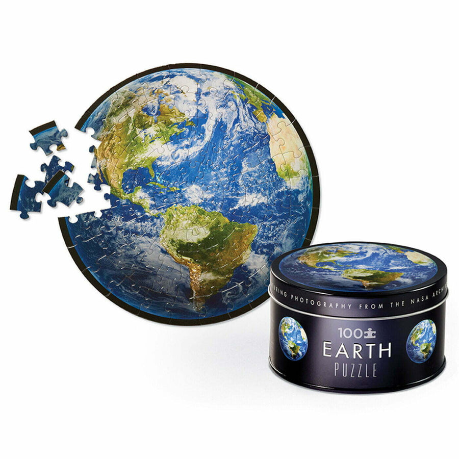 100 piece kids earth puzzle in a metal tin.