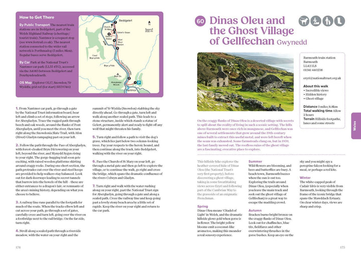 Page from a guidebook featuring a map and scenic photograph of Dinas Oleu and the Ghost Village of Gelfechan.
