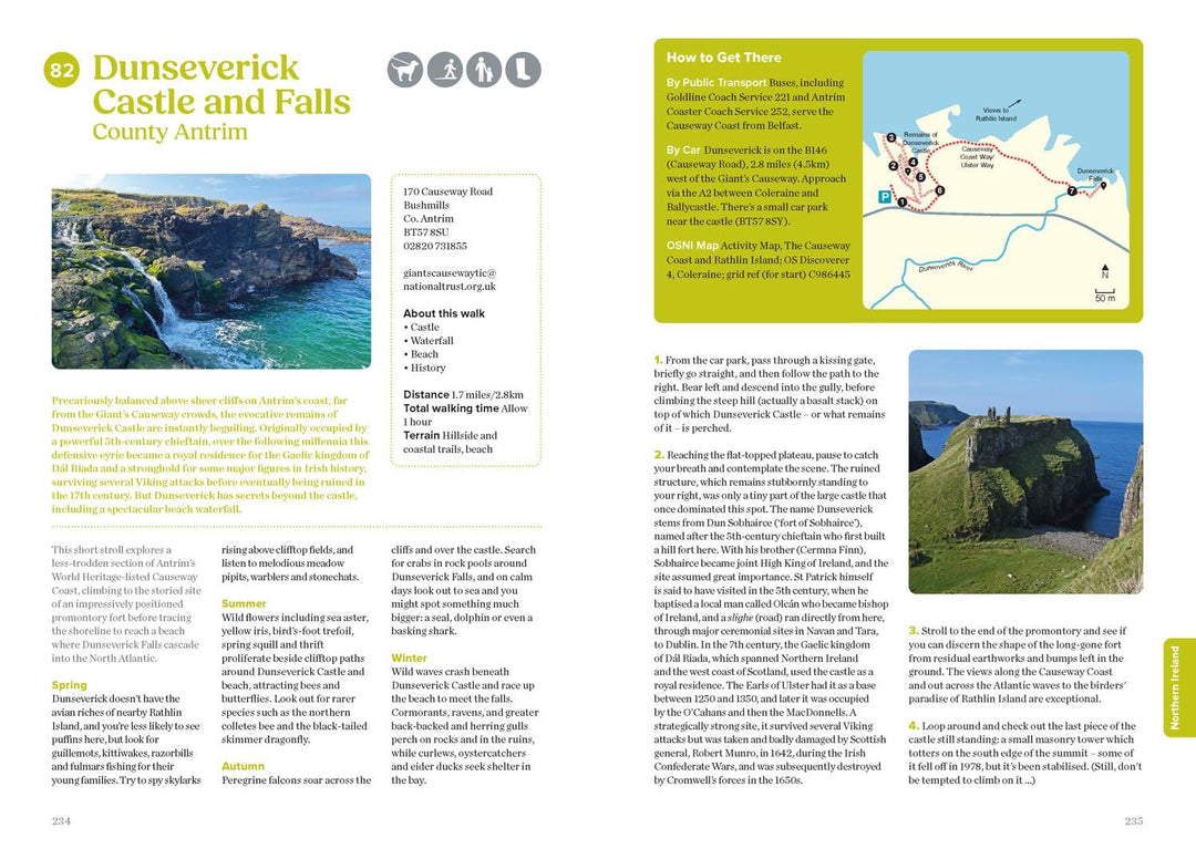 Travel guide page about Dunseverick Castle and Falls in County Antrim with images and text.