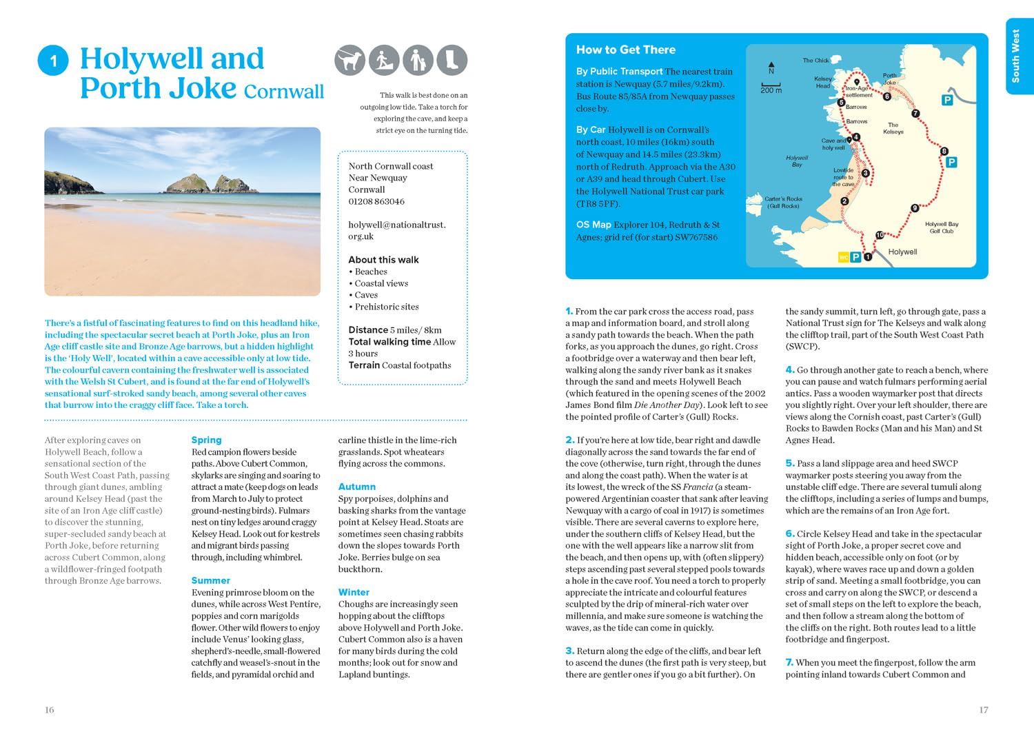 Travel guide page with beach scene and map of Holywell and Porth Joke Cornwall.