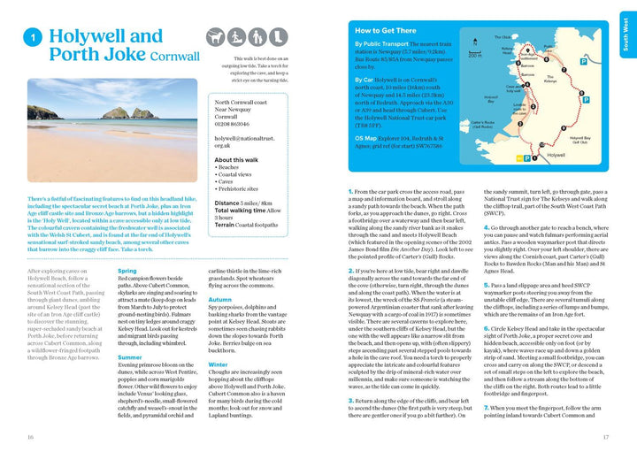 Travel guide page with beach scene and map of Holywell and Porth Joke Cornwall.