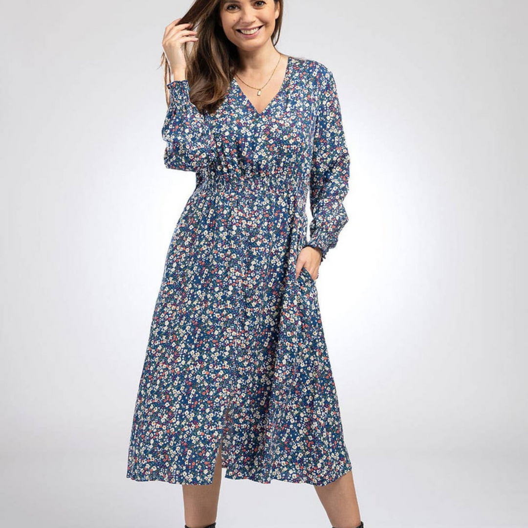 Shirred Waist Midi Dress in Blue Floral