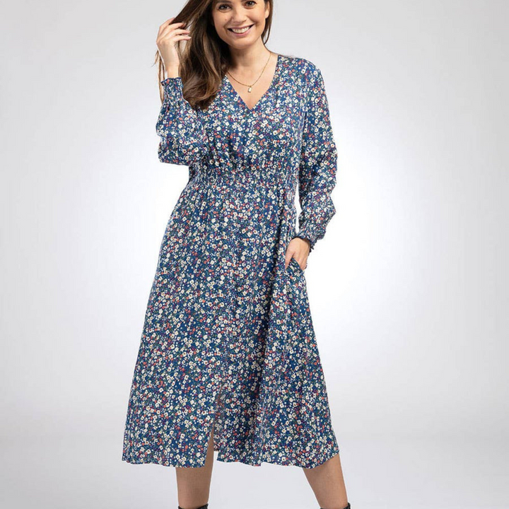 Shirred Waist Midi Dress in Blue Floral