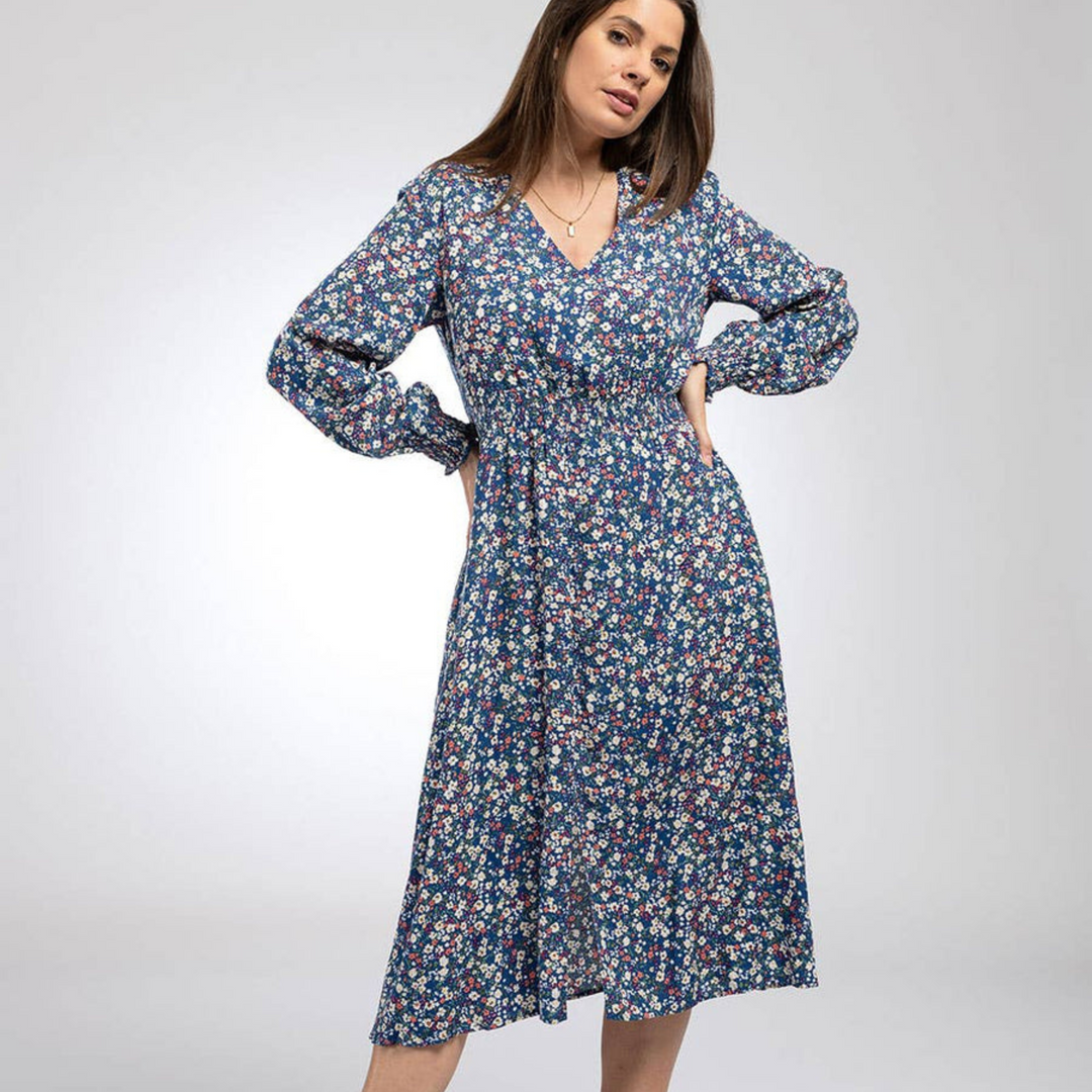 Shirred Waist Midi Dress in Blue Floral