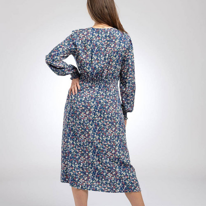 Shirred Waist Midi Dress in Blue Floral