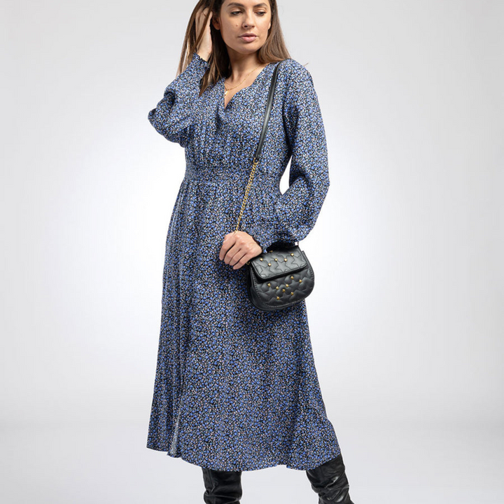 Shirred Waist Midi Dress in Indigo Flower