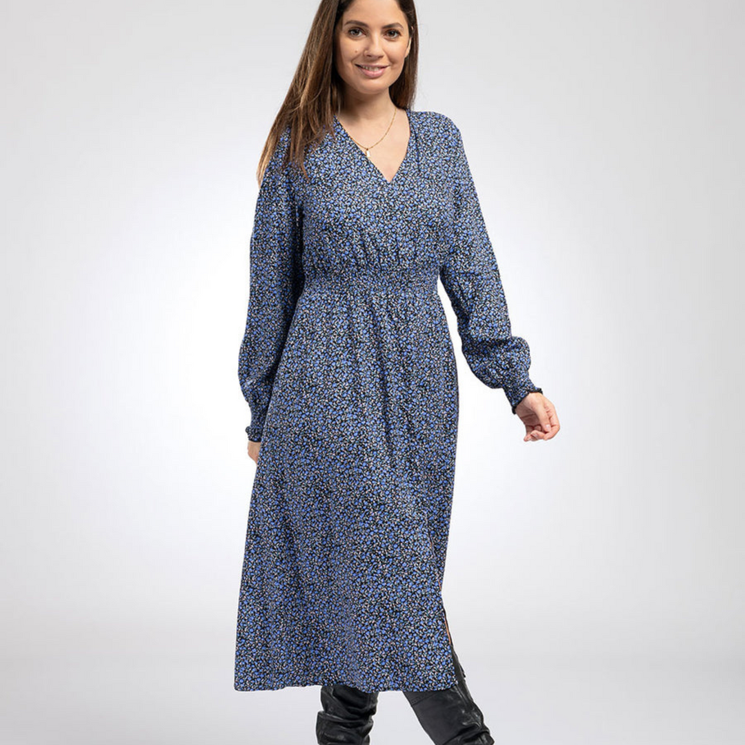 Shirred Waist Midi Dress in Indigo Flower