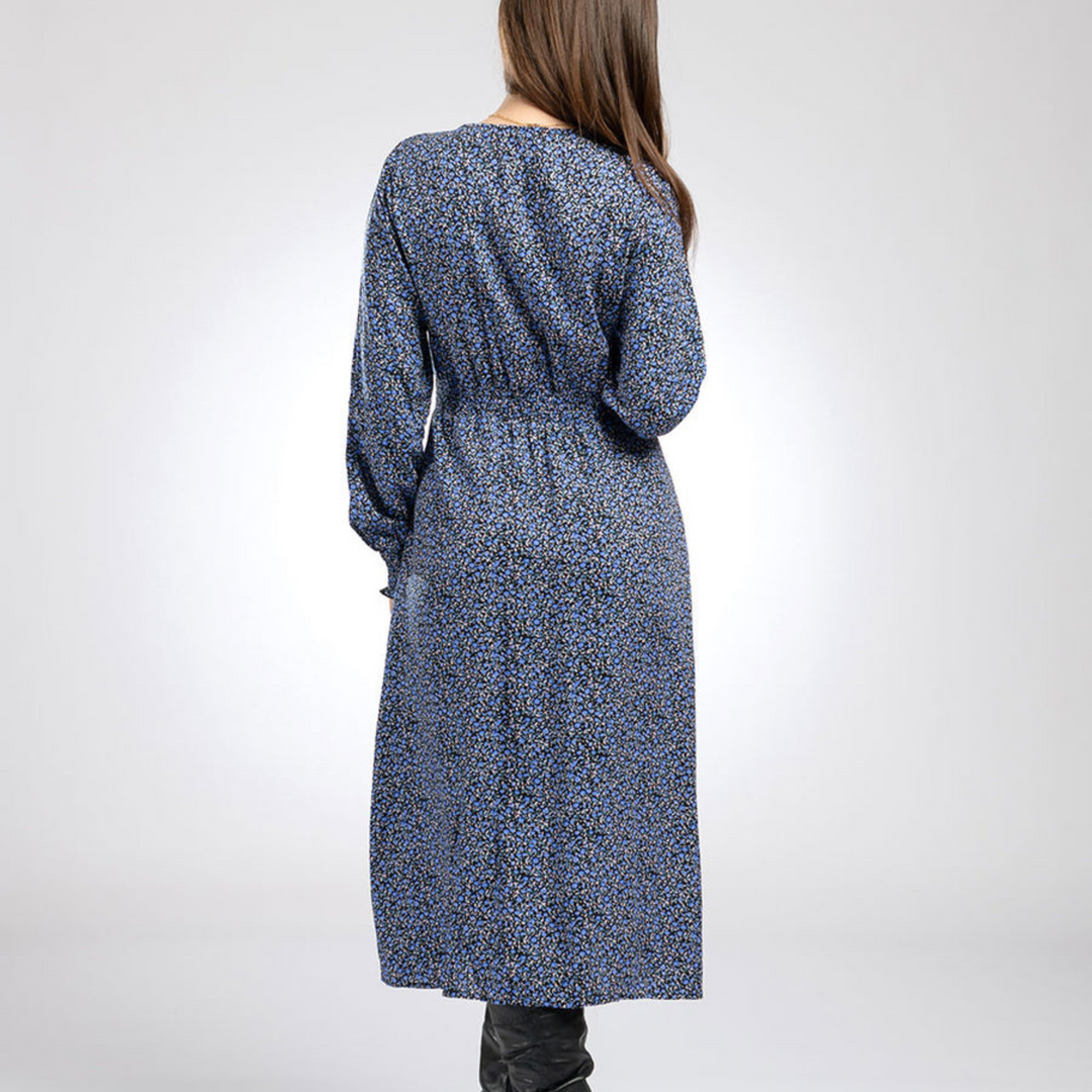 Shirred Waist Midi Dress in Indigo Flower