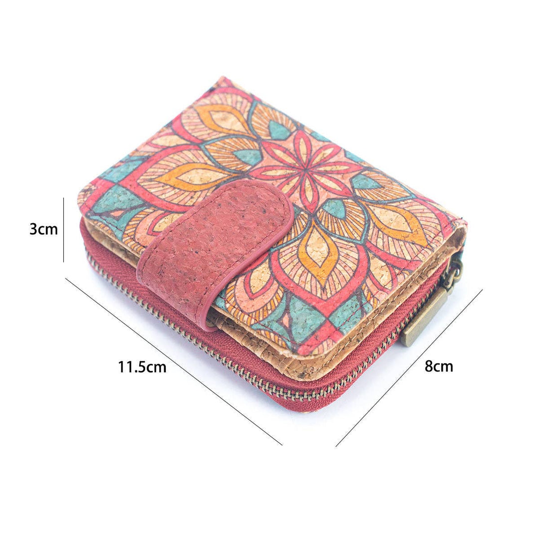 Womens Natural Cork Short Card Wallet - Mandala