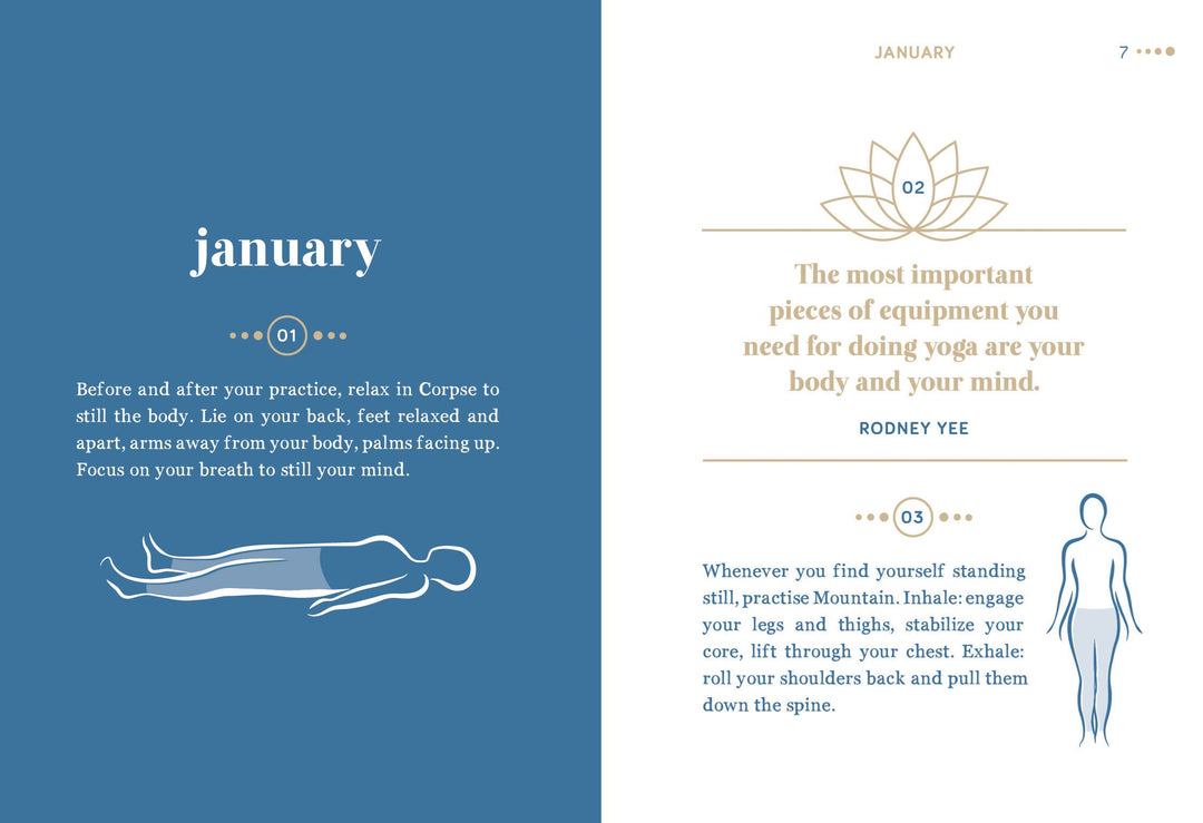 Yoga practice guide with text and illustrations on a blue and white background