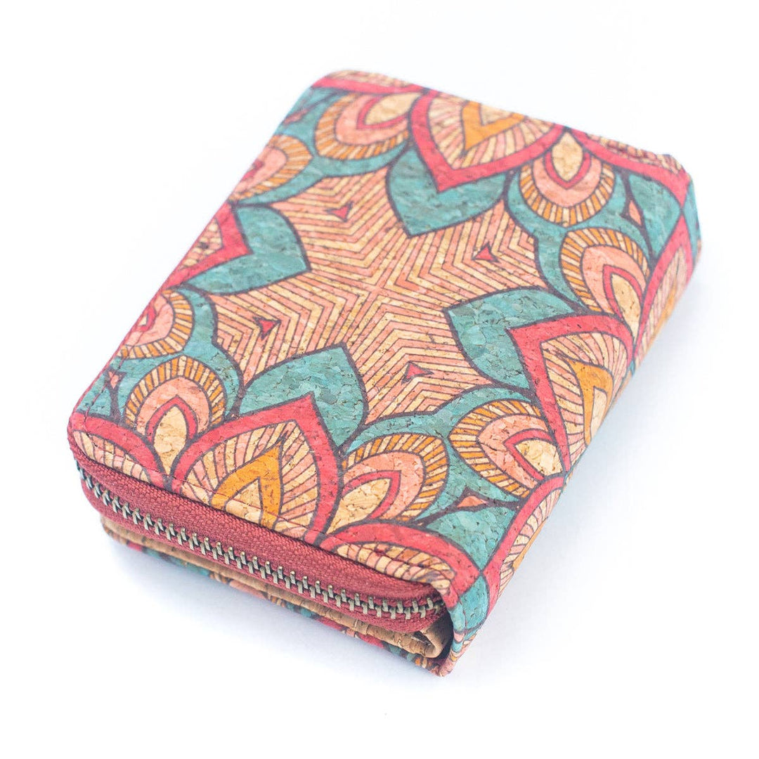 Womens Natural Cork Short Card Wallet - Mandala