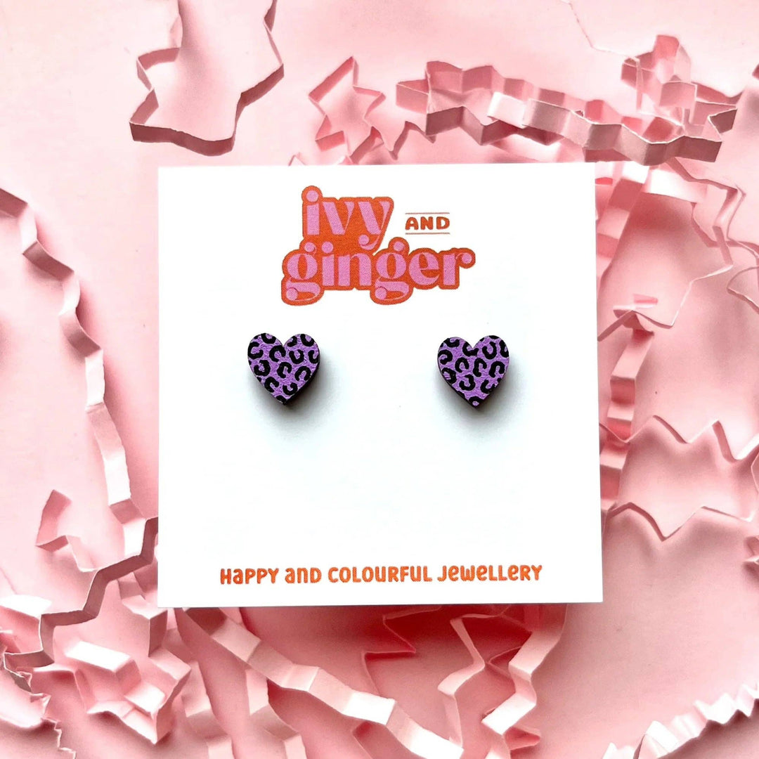 Mini lilac and black leopard print heart studs