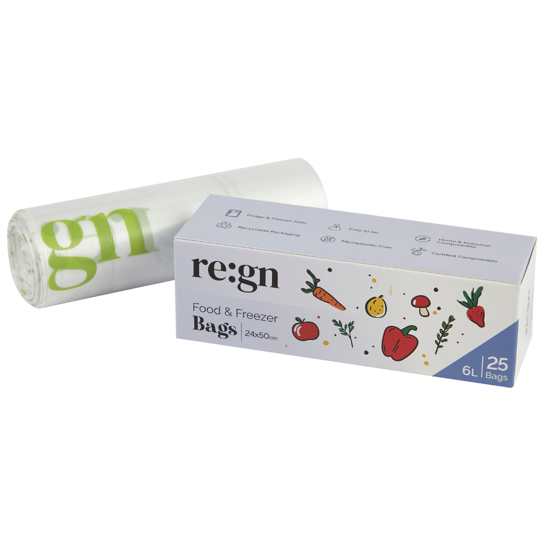 Roll of 're:gn' food and freezer bags with packaging on a white background