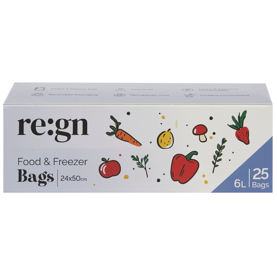 Box of re:gn food and freezer bags with illustrations on a white background