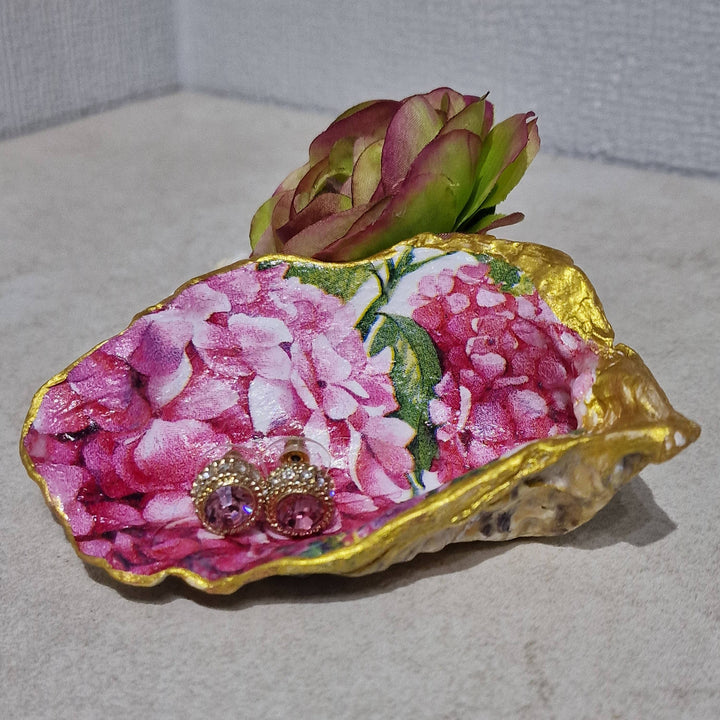 Pink Hydrangea Flower Oyster Shell Trinket Jewellery Dish