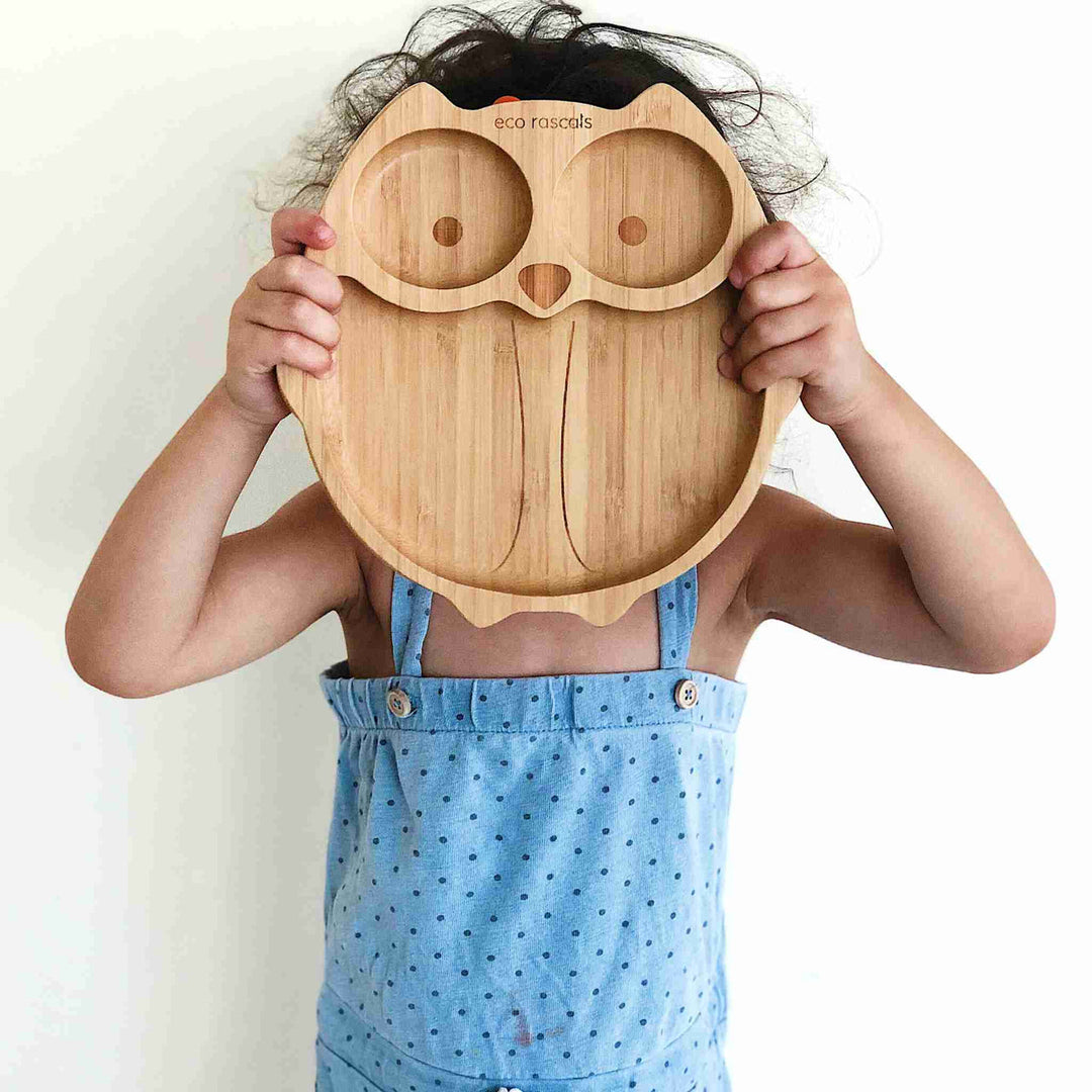 Toddler bamboo suction plate in the shape of an owl.