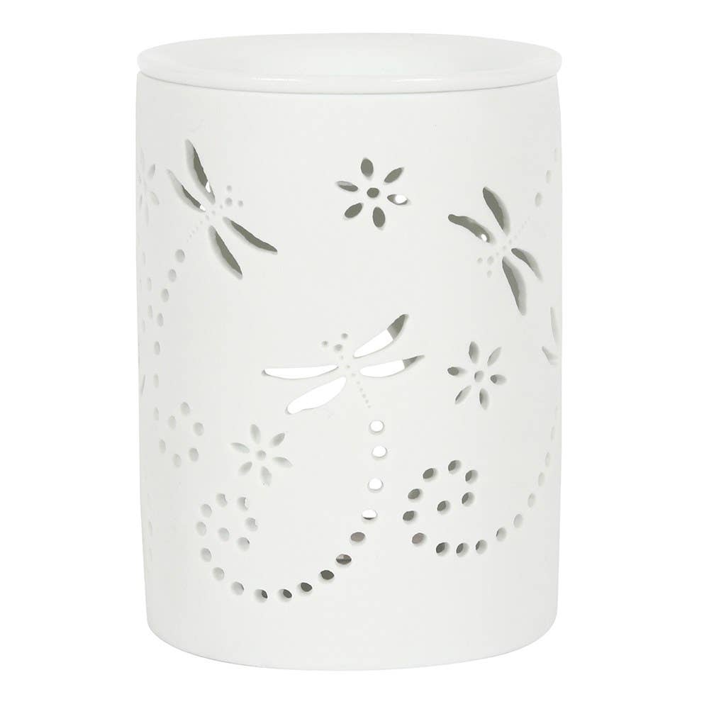 Oil burner ceramic dragonfly cutout with an unglazed finish. This item can also be used as a wax melt burner