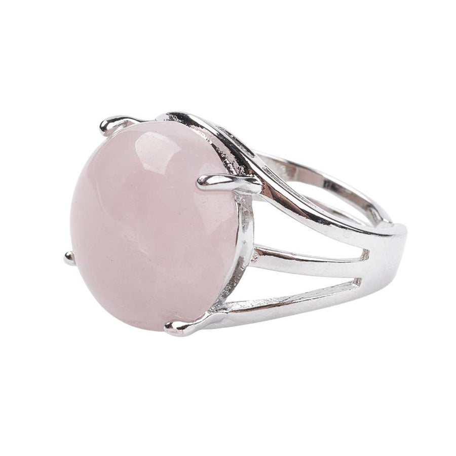 Adjustable silver plated ring with brass findings and large circular Rose Quartz gemstone