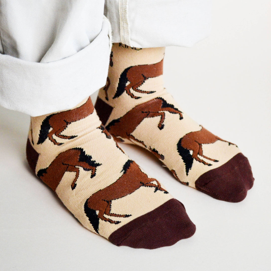 Bamboo socks with horse print on cream and brown socks.