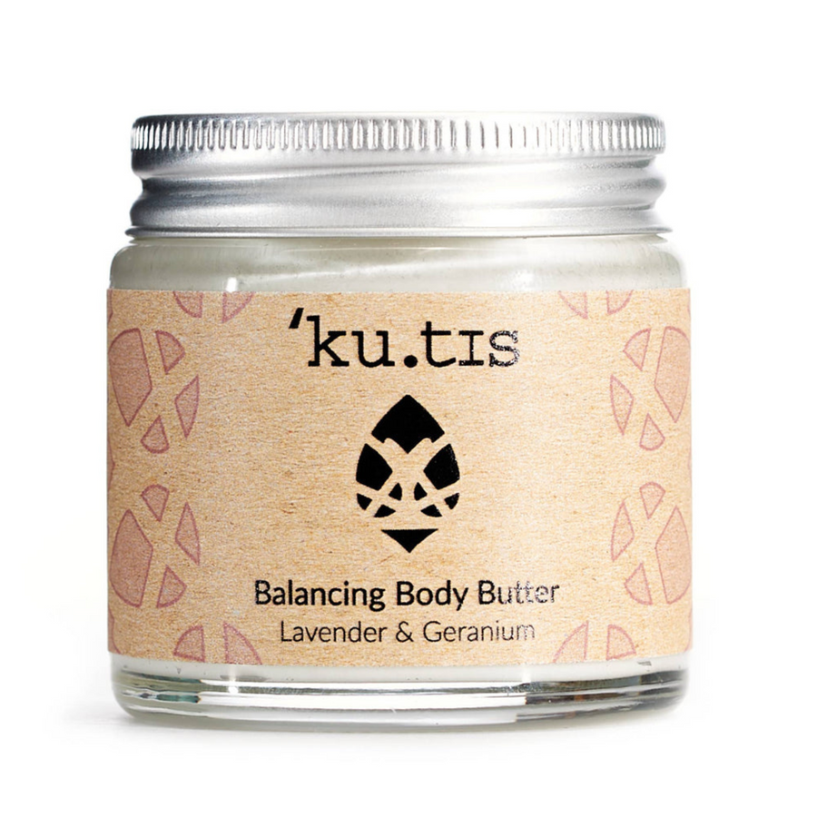 Balancing Lavender & Geranium Body Butter in a glass jar with aluminium lid.