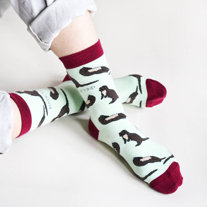 Bamboo socks with otter print on light blue and burgundy socks.