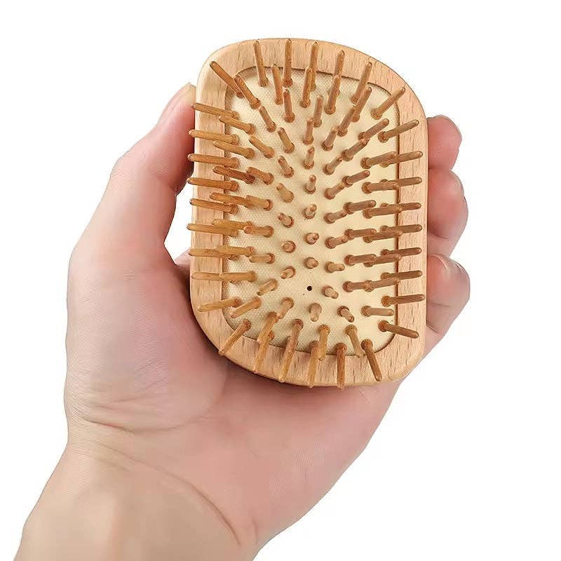 Hand holding a wooden hairbrush with a white background