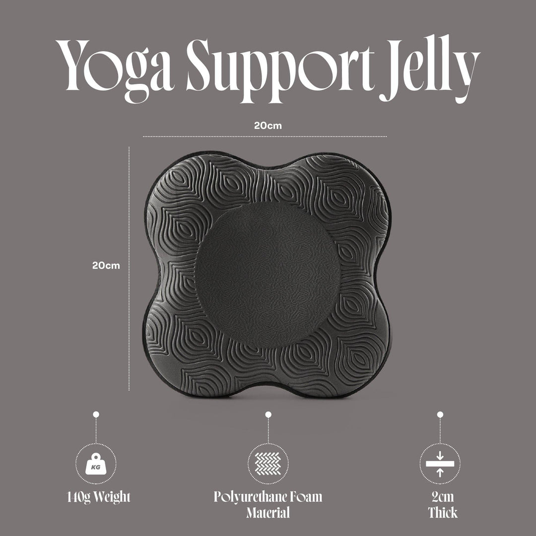 Black yoga support jelly with measurements and material details on a gray background