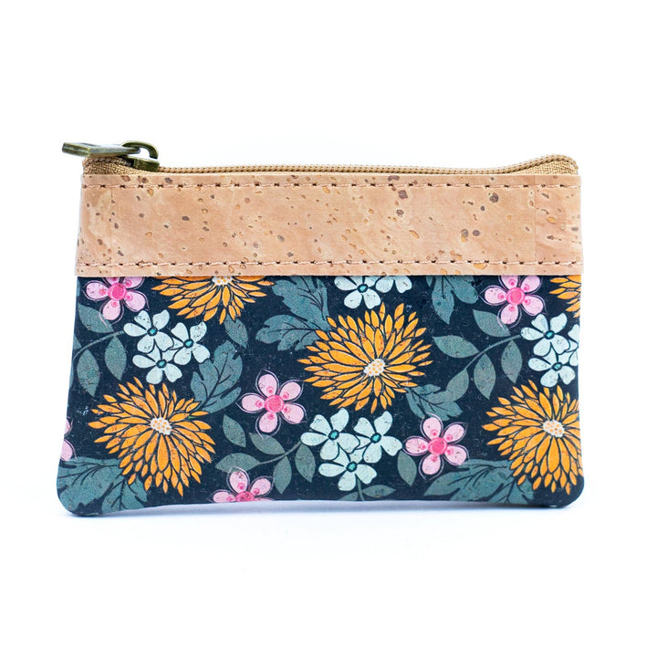 Floral patterned pouch with cork accents on a white background