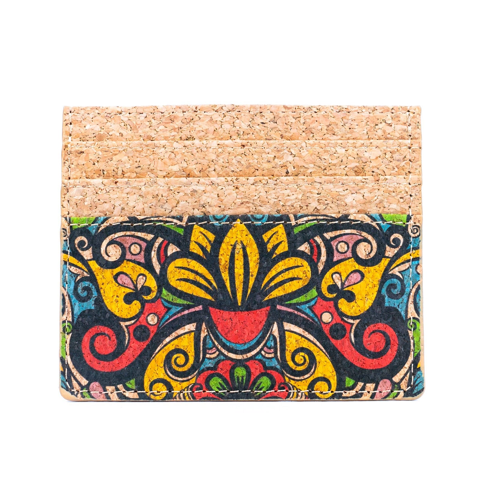 Cork cardholder with colorful paisley design on a white background