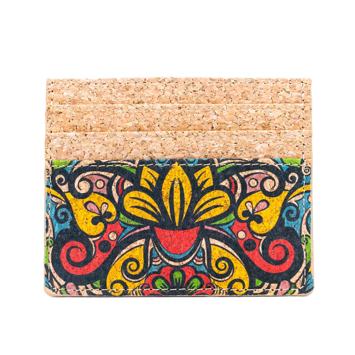 Cork cardholder with colorful paisley design on a white background