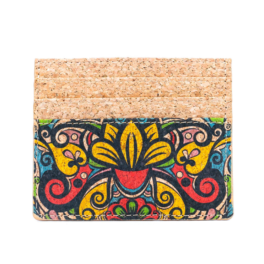 Cork cardholder with colorful paisley design on a white background