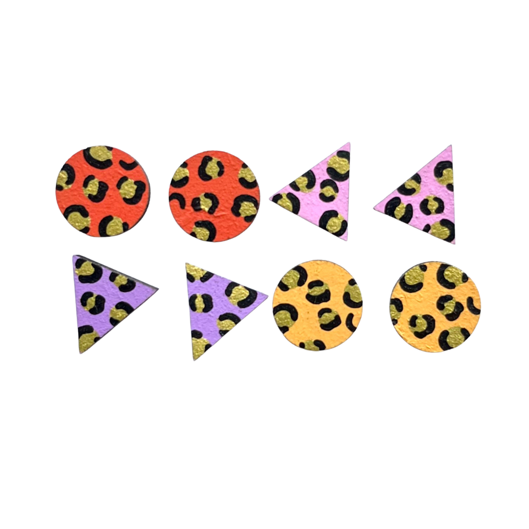 Handmade Bright Mini Leopard Print Stud Set Wooden Earrings