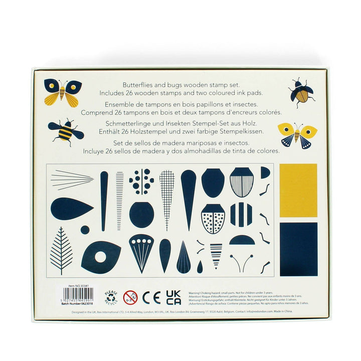 Box of butterflies and bugs wooden stamp set with illustrations and text on a white background