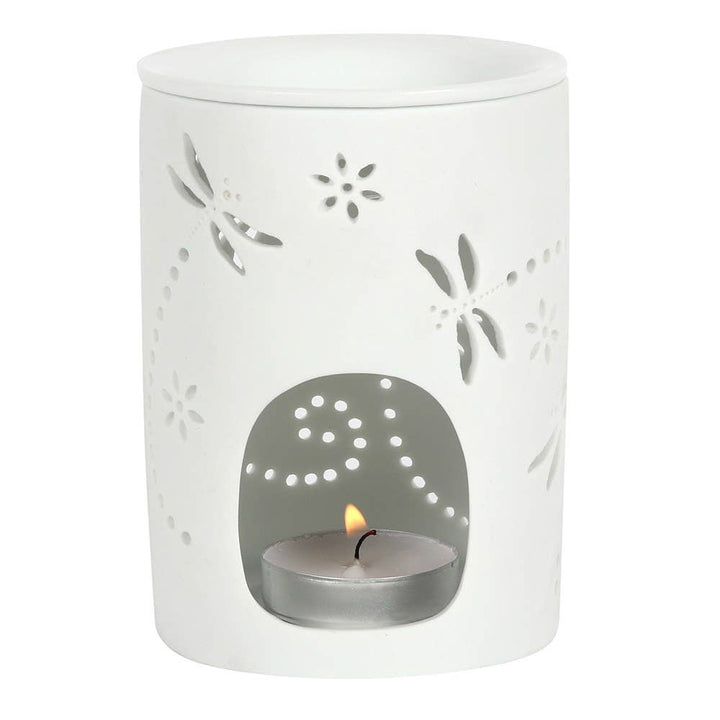 Oil burner ceramic dragonfly cutout with an unglazed finish. This item can also be used as a wax melt burner