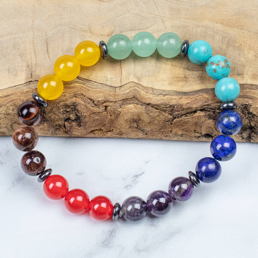 Feed on the energy that flows through the colours around the environment and harness its positive vibrational frequency.'
Our Chakra beaded bracelet has been selected with gemstones relating to the 7 Chakras located within our body.